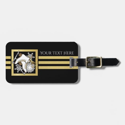 黒パーソナライズされたモダン色と金ゴールドスケートで滑る ラゲッジタグ (正面横)