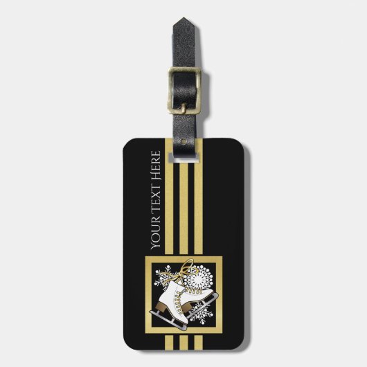 黒パーソナライズされたモダン色と金ゴールドスケートで滑る ラゲッジタグ (正面縦)