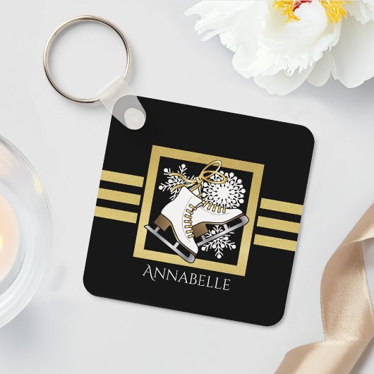 黒パーソナライズされたモダン金ゴールドグリッター氷スケートで滑る キーホルダー