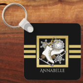 黒パーソナライズされたモダン金ゴールドグリッター氷スケートで滑る キーホルダー (正面)