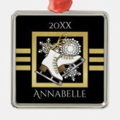 黒パーソナライズされたモダン金ゴールドグリッター氷スケートで滑る メタルオーナメント (正面)