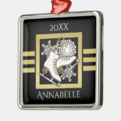 黒パーソナライズされたモダン金ゴールドグリッター氷スケートで滑る メタルオーナメント (左)
