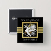 黒パーソナライズされたモダン金ゴールドグリッター氷スケートで滑る 缶バッジ (正面&裏面)