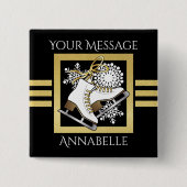 黒パーソナライズされたモダン金ゴールドグリッター氷スケートで滑る 缶バッジ (正面)