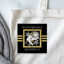 黒パーソナライズされたモダン金ゴールドグリッター氷スケートで滑る 缶バッジ