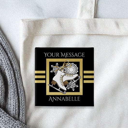 黒パーソナライズされたモダン金ゴールドグリッター氷スケートで滑る 缶バッジ