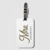 黒パーソナライズされたモダン金ゴールドスクリプ結婚トmrs ラゲッジタグ (正面縦)