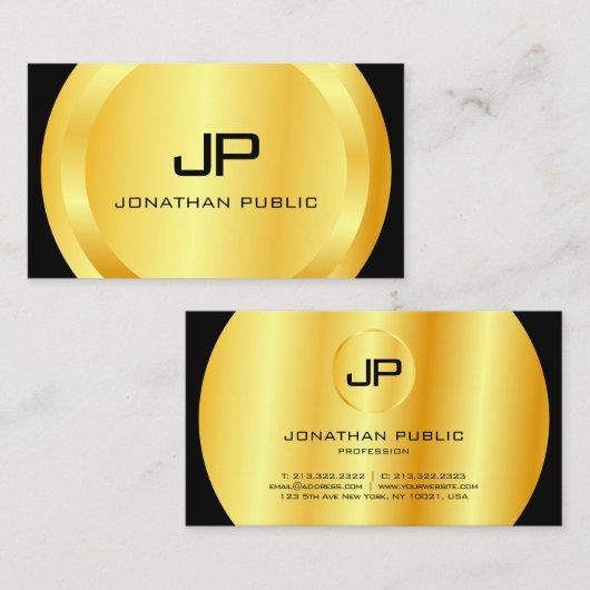 黒パーソナライズされたモダン金ゴールドモノグラムエレガント 名刺 (正面/裏面)