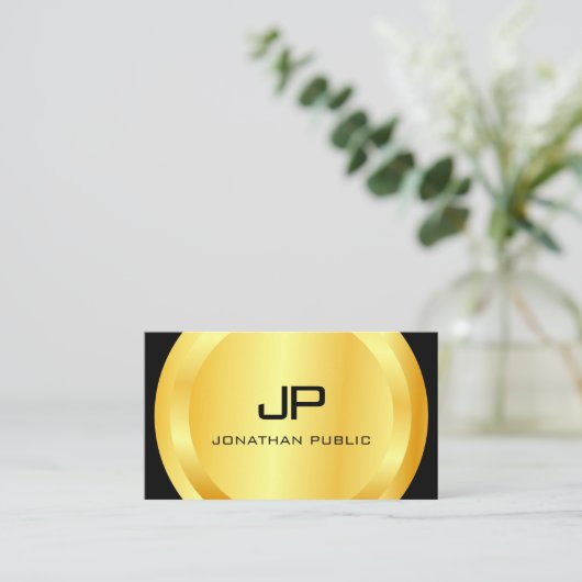 黒パーソナライズされたモダン金ゴールドモノグラムエレガント 名刺 (スタンド正面)