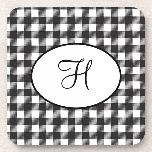 黒パーソナライズされたモノグラムの白の格子縞 コースター (正面)