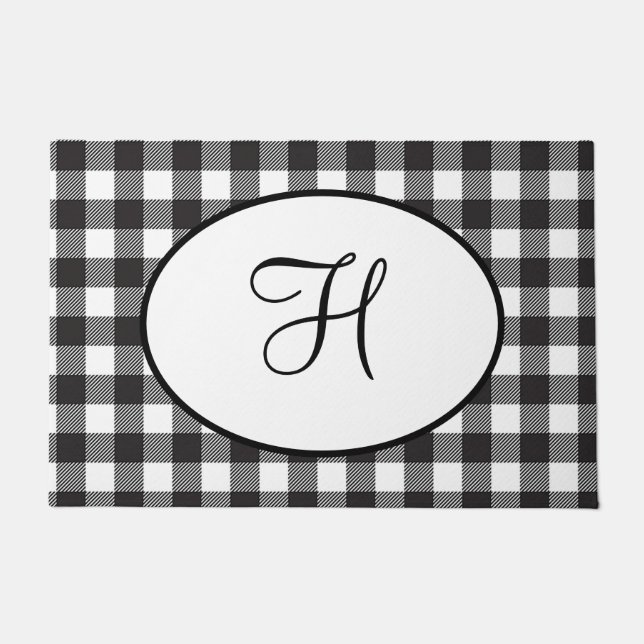 黒パーソナライズされたモノグラムの白の格子縞 ドアマット (正面)