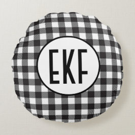 黒パーソナライズされたモノグラムの白の格子縞 ラウンドクッション