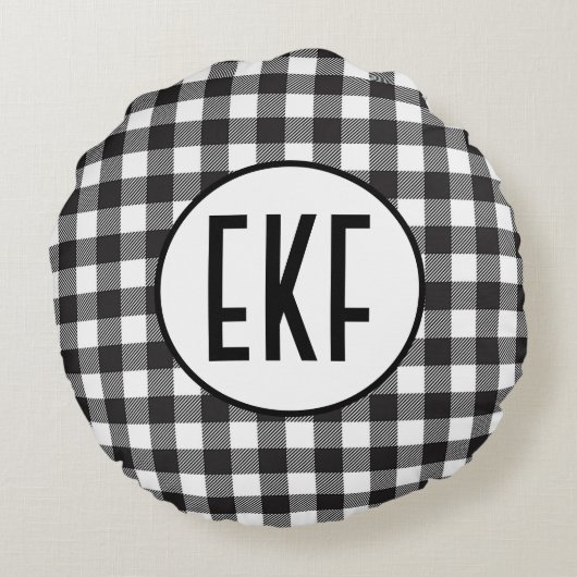 黒パーソナライズされたモノグラムの白の格子縞 ラウンドクッション (裏面)
