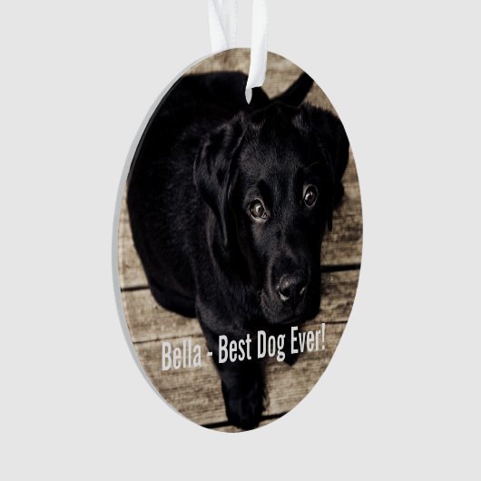 黒パーソナライズされた実験室の犬の写真と犬の名前 オーナメント (正面)