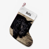 黒パーソナライズされた実験室の犬の写真と犬の名前 スモールクリスマスストッキング (正面 (吊り時))
