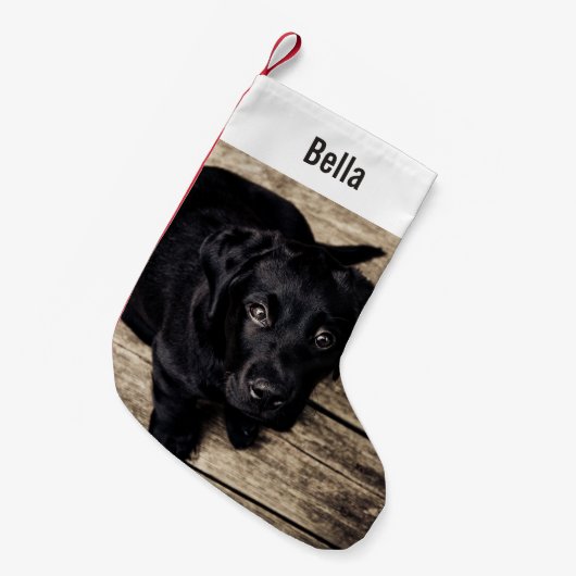 黒パーソナライズされた実験室の犬の写真と犬の名前 スモールクリスマスストッキング (正面 (吊り時))