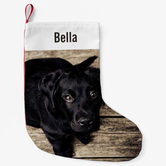 黒パーソナライズされた実験室の犬の写真と犬の名前 スモールクリスマスストッキング (正面)