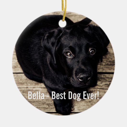 黒パーソナライズされた実験室の犬の写真と犬の名前 セラミックオーナメント (正面)