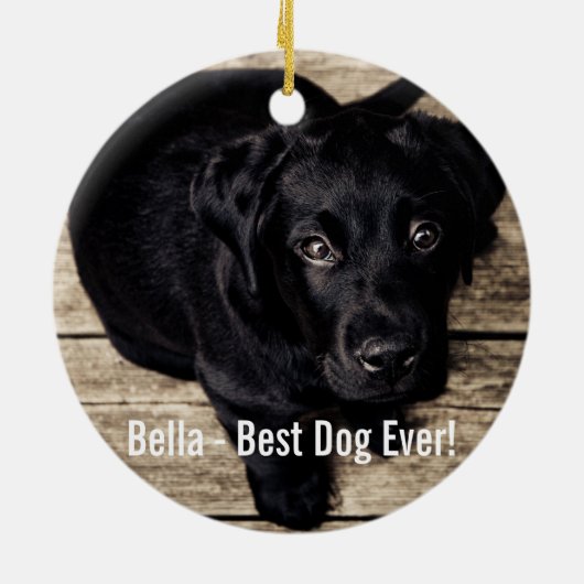 黒パーソナライズされた実験室の犬の写真と犬の名前 セラミックオーナメント (裏面)