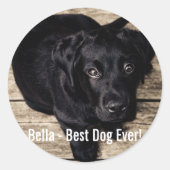 黒パーソナライズされた実験室の犬の写真と犬の名前 ラウンドシール (正面)