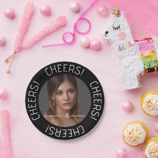 黒パーソナライズされた応援写真名スクリプト ペーパープレート (パーティー)