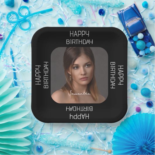 黒パーソナライズされた応援写真名スクリプト ペーパープレート (パーティー)