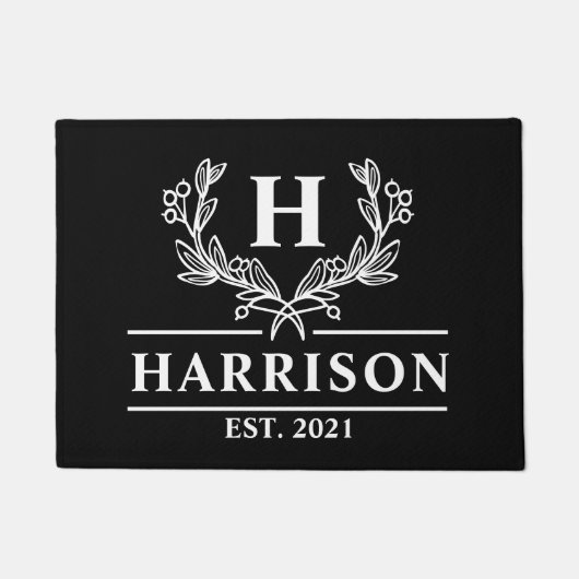 黒パーソナライズされた月桂樹モノグラム ドアマット (正面)