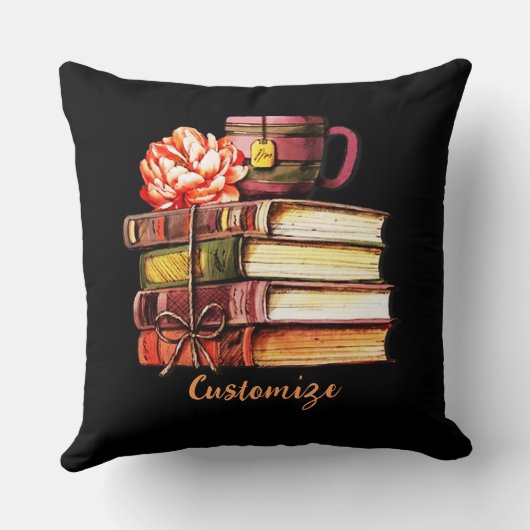 黒パーソナライズされた本とお茶 クッション (裏面)