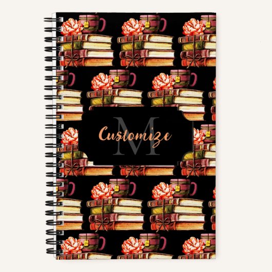 黒パーソナライズされた本とお茶 ノートブック (正面)
