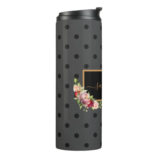 黒パーソナライズされた水玉模様とバラモノグラムの タンブラー (回転左)