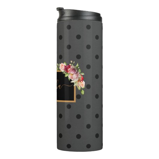黒パーソナライズされた水玉模様とバラモノグラムの タンブラー (回転右)