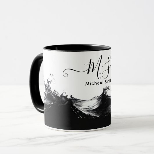 黒パーソナライズされた波マグ – 芸術的カスタム マグカップ (正面左)