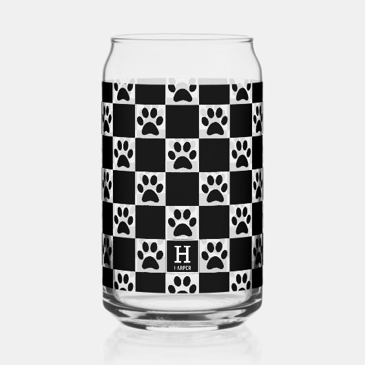 黒パーソナライズされた犬のポープリントパタ市松模様にーン ガラス缶 (正面)