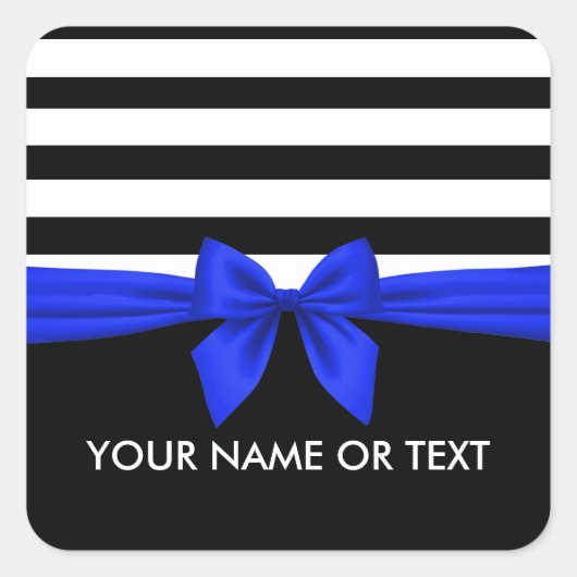 黒パーソナライズされた白のフェスティバルストライプブルーボウ スクエアシール (正面)