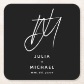 黒パーソナライズされた白の結婚紙 スクエアペーパーコースター (正面)