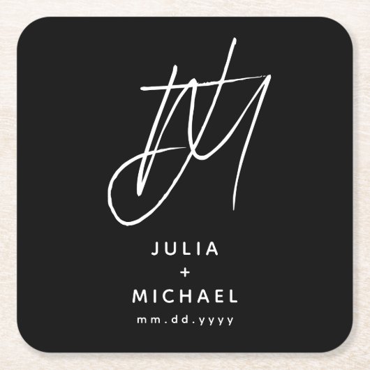 黒パーソナライズされた白の結婚紙 スクエアペーパーコースター (正面)