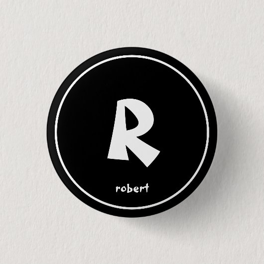 黒パーソナライズされた白イニシャルモノガム名 缶バッジ (正面)