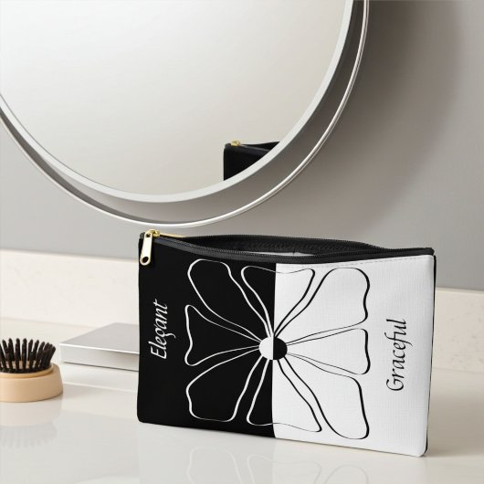 黒パーソナライズされた白エレガントフローラアート アクセサリーポーチ