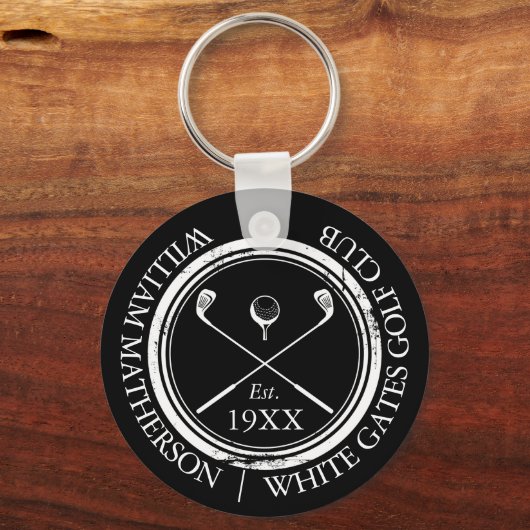 黒パーソナライズされた白ゴルフクラブ名 キーホルダー (正面)