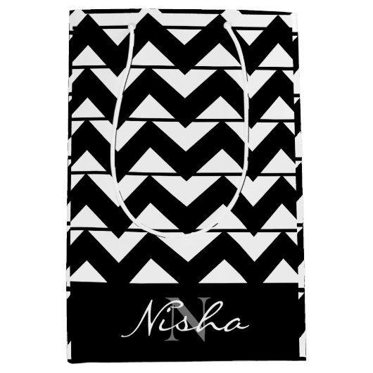 黒パーソナライズされた白シェブロンストライプ ミディアムペーパーバッグ (正面)