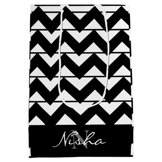 黒パーソナライズされた白シェブロンストライプ ミディアムペーパーバッグ (裏面)