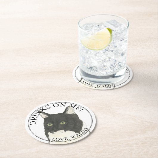 黒パーソナライズされた白タキシード羅漢猫 ラウンドペーパーコースター (インサイチュ)