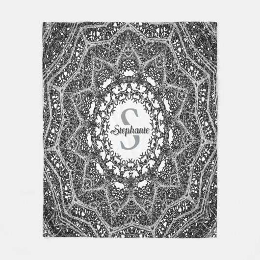 黒パーソナライズされた白ツリーブランチマンダラ フリースブランケット (正面)