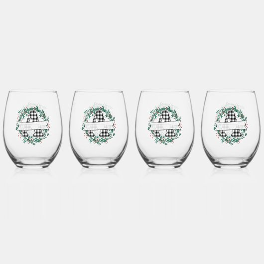 黒パーソナライズされた白バッファローのプレイド(A) ステムなしワイングラス (正面)