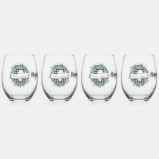 黒パーソナライズされた白バッファロー・プレイド(G) ステムなしワイングラス (正面)