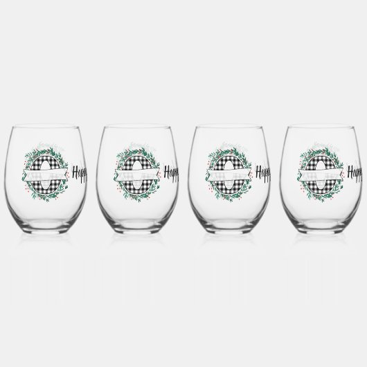 黒パーソナライズされた白バッファロー・プレイド(O) ステムなしワイングラス (正面)