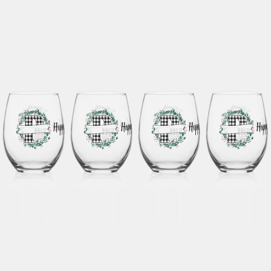 黒パーソナライズされた白バッファロー・プレイド(P) ステムなしワイングラス (正面)