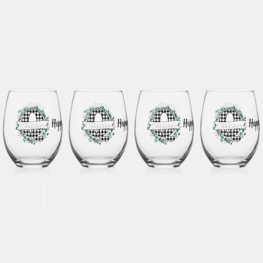 黒パーソナライズされた白バッファロー・プレイド(Q) ステムなしワイングラス (正面)