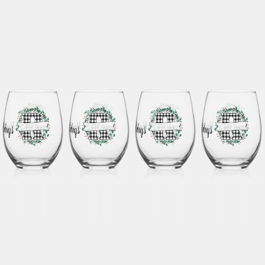 黒パーソナライズされた白バッファロー・プレイド(R) ステムなしワイングラス (裏面)