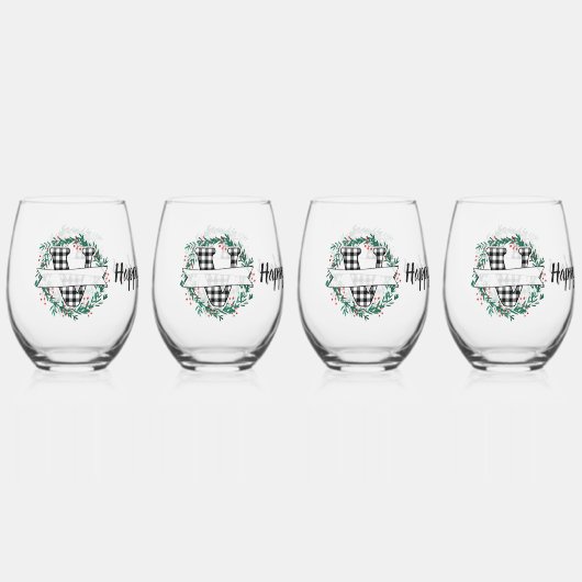 黒パーソナライズされた白バッファロー・プレイド(V) ステムなしワイングラス (正面)